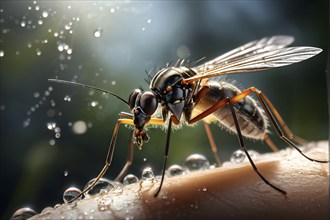 Close up of a mosquito using its proboscis to extract fluid, AI generated