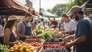 Fresh vibrant organic fruits and vegetables at a bustling farmers market, AI generated