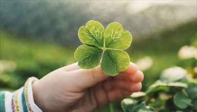 A child's hand holds a green shamrock, symbolising happiness and harmony in nature, AI generated,