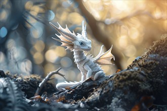 Small white dragon in forest. Generative Ai, AI generated