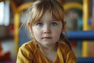 Young toddler girl in kindergarden child day care. Generative Ai, AI generated