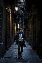 Man fleeing down a narrow dimly lit alleyway urban setting at nighttime, AI generated