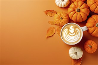 Pumpkins and pumpkin spice latte on orange background with copy space. Generative Ai, AI generated