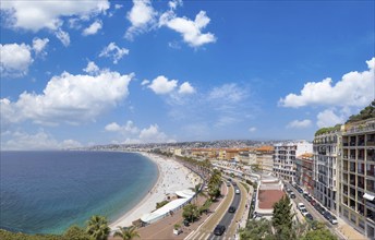 France, panoramic skyline of old historic Nice center and azure beaches along Promenade des