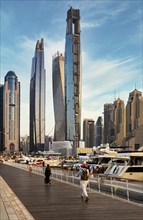 Skyscrapers, motor yachts and beach, Jumeirah Beach Residences, Dubai, United Arab Emirates, Middle