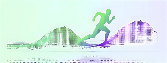 Illustration of a wave of vibrant data points shaping into a runner silhouette, conveying speed and