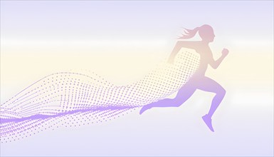 Illustration of a wave of data points shaping into a female runner silhouette, purple pastel hues,