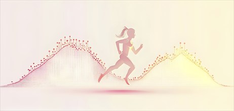 Illustration of a wave of data points shaping into a female runner silhouette, red pastel hues,