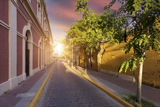 Mexico, Mazatlan, Colorful old city streets in historic city center near El Malecon promenade,