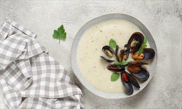 Chowder cream soup with mussels, American cuisine, homemade, no people