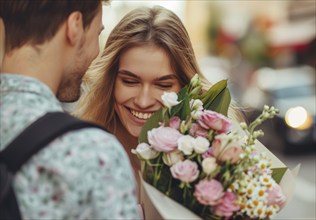 Young attractive happy smiling woman with bouquet of flowers on a romantic date, AI generated