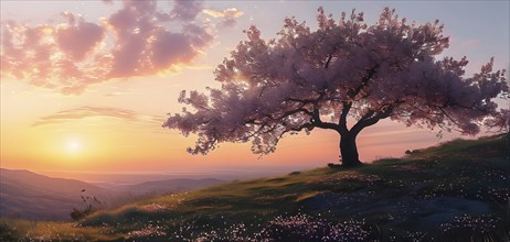 Spring scene with a single, sharp silhouette of a blooming tree on a hill, with subtle color