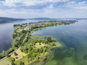 Aerial view of the island of Reichenau in Lake Constance with the Thurgau lake ridge on the horizon