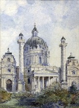 The Karlskirche in Vienna in Austria, Painting by Adolf Hitler (1889-1945), Historical, digitally