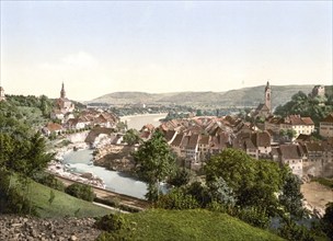 Gross und Klein Laufenburg, Aargau, Switzerland, Historic, digitally restored reproduction from a