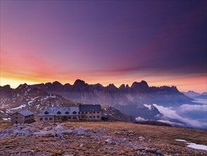 Schlernhaus at dawn, behind rose garden, Dolomites, Schlern, South Tyrol, Italy, Europe