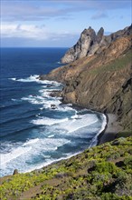 The north-west coast of La Gomera with the Playa de Arguamul beach. Mountains, cliffs and steep