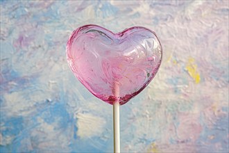 Pink heart shaped Valentine's Day lolli in front of colorful background, AI generated