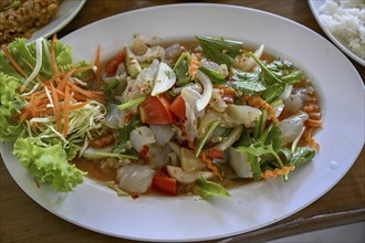 Spicy jellyfish salad with celery, onions, chilli, lime and fresh coriander leaves in a street