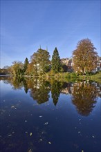 Mill pond with trees, general buildings against a cloudless blue sky, symmetrical reflections on