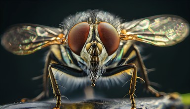 Macro of a housefly (Musca domestica) with detailed wings, large red compound eyes, and the fine