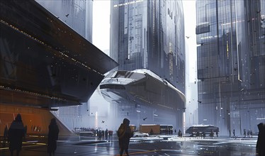 Concept of a future city with future architecture and transport ships, AI generated