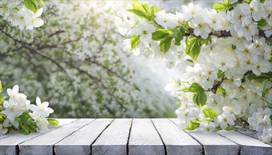 Spring nature background with blossoming flowers and rustic wooden table, AI generated