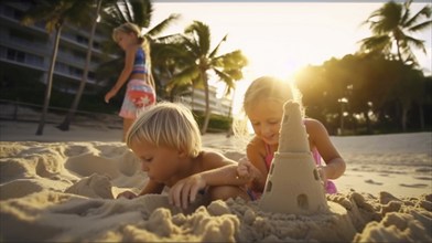 Vacationing children having fun on the beach playing in the sand, generatvie AI, AI generated