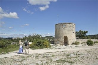 Historic windmill and tourists, plateau, photograph, mountain village, Les Baux-de-Provence, mill,