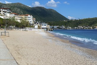 Turquoise blue sea at town beach of Himare, Albanian Riviera, Albania, Europe