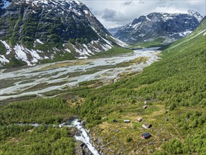 The widely branching arms of river Jostedalsola, a glacial river originating in the Jostedalsbreen