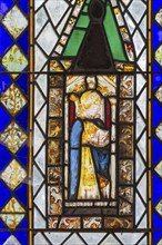 Stained glass of east window medieval fragments, Church of Saint Nicholas, Rushbrooke, Suffolk,