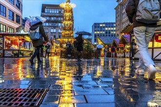 Empty Christmas market, Willy-Brandt-Platz, rainy weather, Essen, North Rhine-Westphalia, Germany,