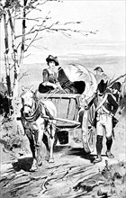 Pictures from the life of a soldier, soldiers and sutler go into battle on a covered wagon,