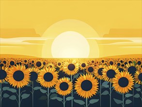 Abstract illustration of a field of sunflowers backlight with beautiful sunrise, AI generated