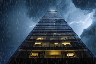 Office building with a full glass facade and illuminated windows at a rainy day with thunder