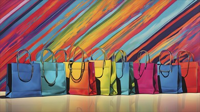 Assorted vibrant shopping bags lined up in front of a colored background, AI generated