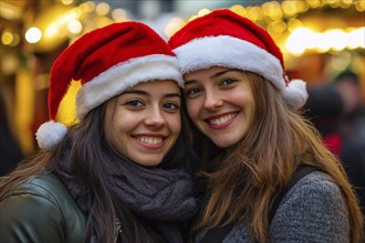 Pair of young women with winter santa hats at christmas market. Generative AI, AI generated