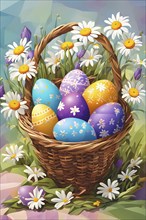 Abstract illustration of of vibrant-colored Easter eggs in a wicker basket, surrounded by delicate