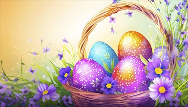 Abstract illustration of of vibrant-colored Easter eggs in a wicker basket, surrounded by delicate