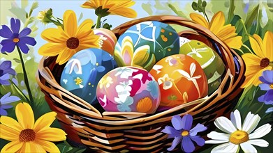 Abstract illustration of of vibrant-colored Easter eggs in a wicker basket, surrounded by delicate