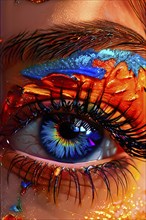 Close up portrait of an intricate eye makeup with vividly colored eyelids, AI generated