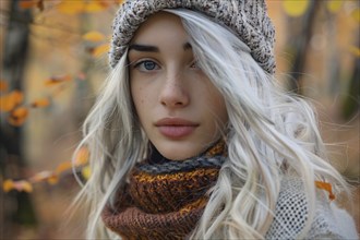 Young woman with knitted hat and scarf in autumn forest in background. Generative Ai, AI generated