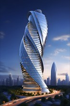 Modern skyscraper design concept showcasing the spiral patterns found in seashells, AI generated