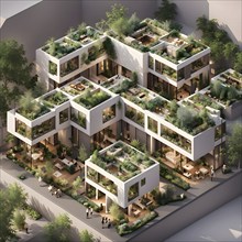 3d render of a compact community of interconnected artists studios in co living, AI generated