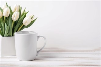 White coffee cup and tulip flowers. KI generiert, generiert AI generated