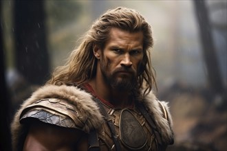 Portrait of nordic god with long hair, beard and armor. KI generiert, generiert AI generated