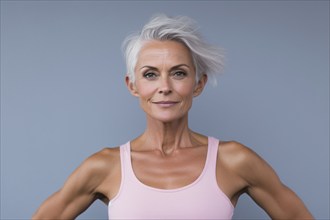 Mature woman with short gray hair and sports bra with muscular toned arms. KI generiert, generiert