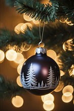 Christmas ornament hanging on a tree, with reflections of twinkling lights and fireplace flames