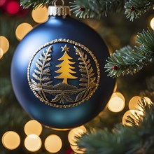 Christmas ornament hanging on a tree, with reflections of twinkling lights and fireplace flames